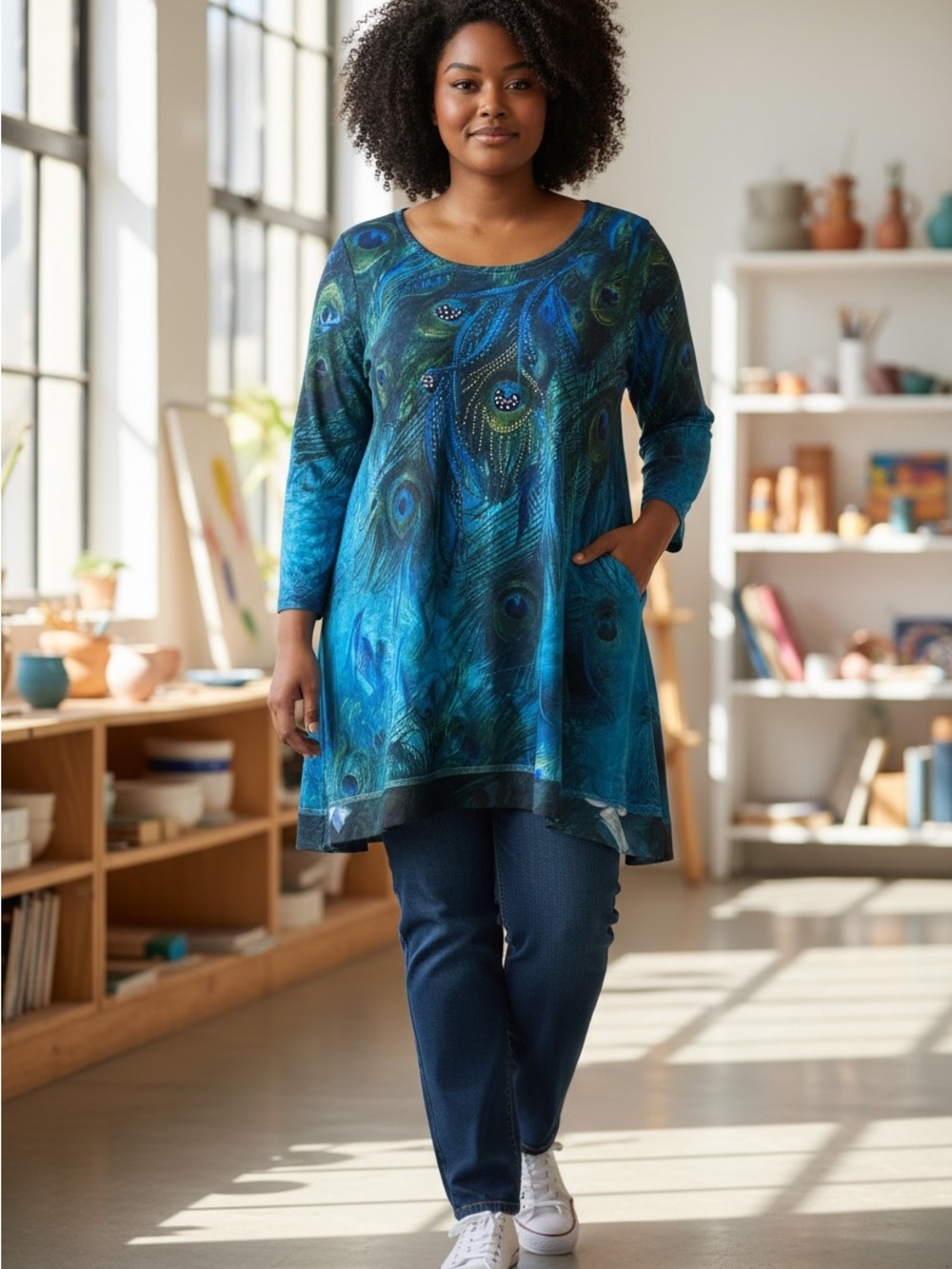 Indigo Soul XL Peacock Feather Tunic Top